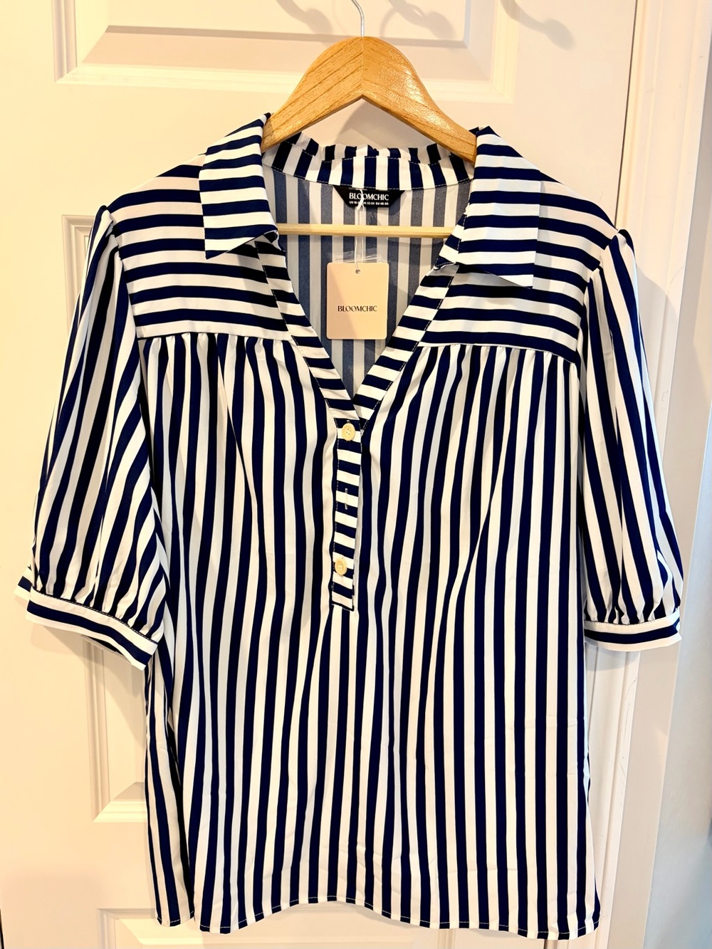 NWT! BloomChic Navy and White Vertical Stripe Button-Down Top